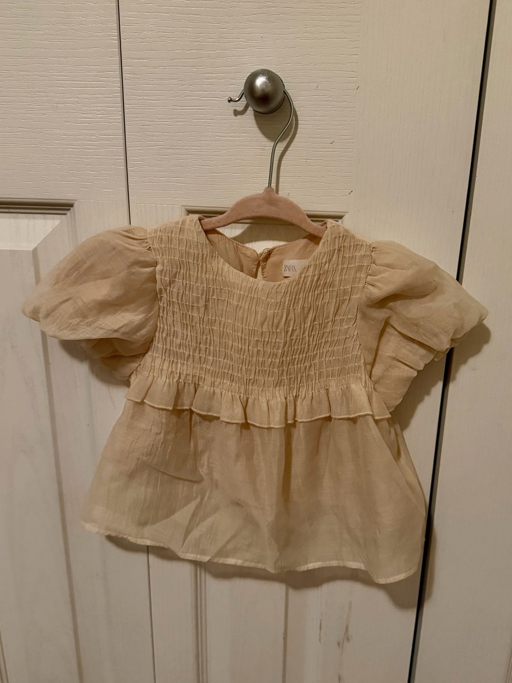 Zara Cream Smocked Puff-Sleeve Blouse